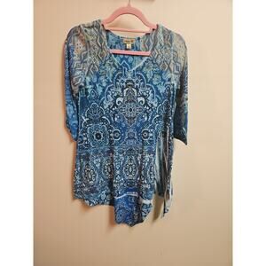 Emerald Live & Let Live Blue Paisley Boho Top Rhinestones Jagged Edge SZ S